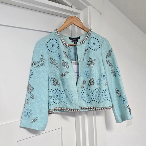 Per Se Jackets & Blazers - 🆕️ Per Se Carlisle Per Elegant Crystal Floral Tweed Blazer in Mint Aqua Blue